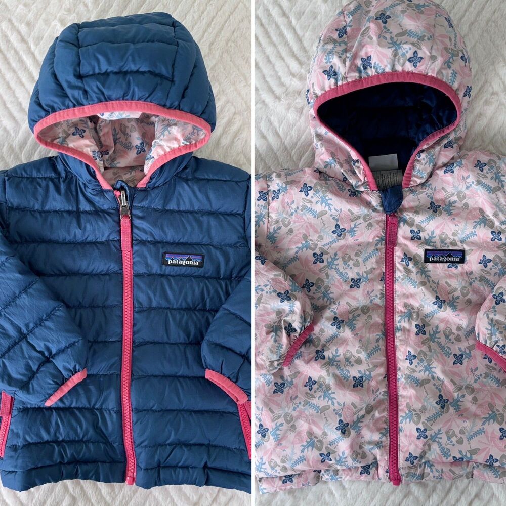 Patagonia Toddler 2T Reversible Down Sweater Hoody Jacket Navy Floral Puffer